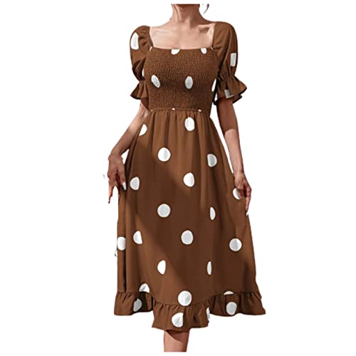 Sommerkleid Damen Boho Kleid Polka Dot Print Strandkleid Bohemian Style Freizeitkleid Puffärmel Eckiger Ausschnitt Midikleid Rüschen Urlaubskleid Partykleid von yiouyisheng