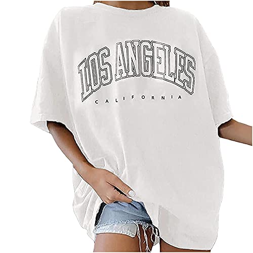 T-Shirt Damen Oversized Mode Los Angeles Grafik Rundhals Kurzarm Sommer Oberteile LA Vintage Drucken Bluse Streetwear Sport Oberteile Vintage Sweatshirt Pullover Teenager Mädchen Tunika Lang Tops von yiouyisheng