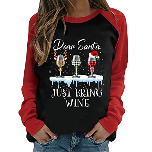 Weihnachten Langarmshirt Damen Langarm T-Shirt, Dear Santa Just Bring Wine Weinglas Muster Weihnachts Tshirt Christmas Shirt Longsleeve Weihnachts-Shirt von yiouyisheng