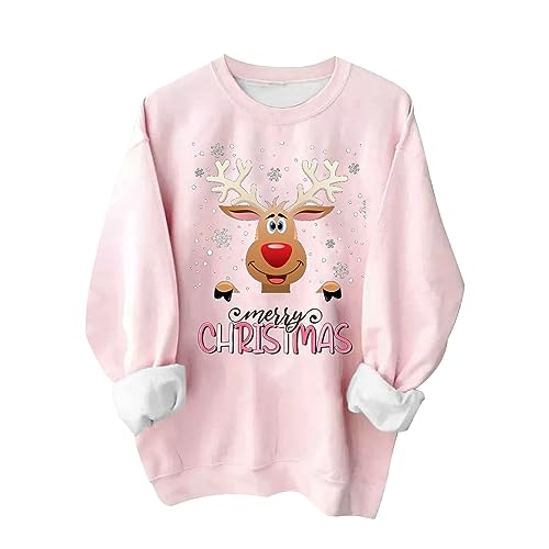 yiouyisheng Weihnachten Sweatshirt Damen Rosa Weihnachtspullover Hässlich Merry Christmas Rentier Druck Christmas Pullover Langarm Weihnachtspulli Xmas Sweatshirts Teenager Mädchen von yiouyisheng