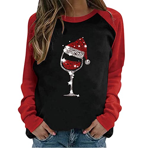 Weihnachts Tshirt Damen Weihnachten Rotweinglas Druck Colorblock Langarmshirt Damen Weihnachts-Shirt Langarm T-Shirt Christmas Longsleeve Shirt Xmas Oberteile von yiouyisheng