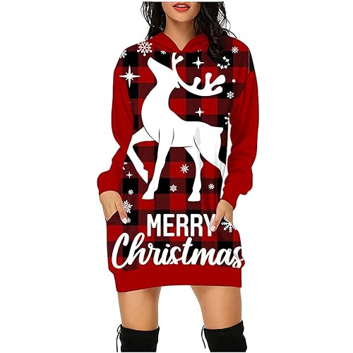 Weihnachtskleid Damen Weihnachten Kapuzenpullover Minikleid Merry Christmas Frauen Weihnachtspullover Lang Sweatshirtkleid für Teenager Mädchen Kapuzenpulli mit Taschen von yiouyisheng