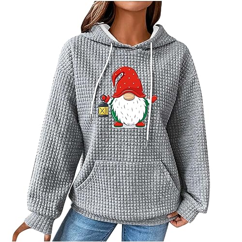 yiouyisheng Weihnachtspullover Damen Hoody Weihnachten Teenager Mädchen Kapuzenpullover Wichtel Zwerg Gnom Christmas Pullover Waffel-Sweatshirt mit Kapuze, Taschen und Kordelzug von yiouyisheng