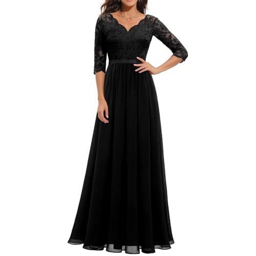 yiouyisheng Abendkleid Damen Lang Chiffonkleid mit Spitze V-Ausschnitt 3/4 Ärmel Brautjungfernkleid Multiway Kleider Frauen Elegant Hochzeit Festlich Abschlussball Ballkleid von yiouyisheng