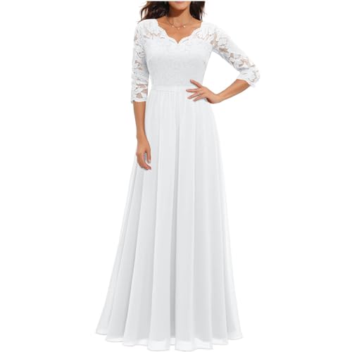 yiouyisheng Abendkleid Damen Lang Chiffonkleid mit Spitze V-Ausschnitt 3/4 Ärmel Brautjungfernkleid Multiway Kleider Frauen Elegant Hochzeit Festlich Abschlussball Ballkleid von yiouyisheng