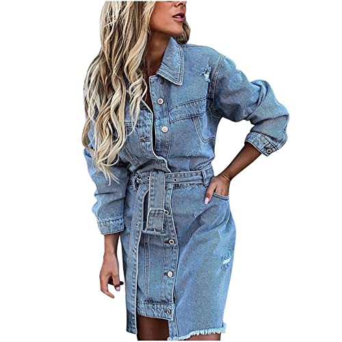 yiouyisheng Asymmetrisches Jeanskleid für Damen Sommer Jeanskleid Revers Blusenkleid Langarm Hemdkleid Einreiher Kleid mit Gürtel Slim Jeans Kleider Hemd Kleid Denimkleid von yiouyisheng