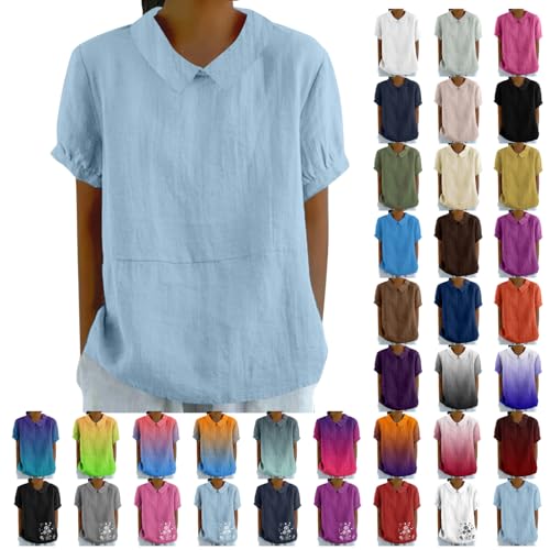 yiouyisheng Bluse Damen Sommer Blusen Casual Blusenshirt Leicht Kurzarm Bluse Basic Shirt Bubikragen Oberteil Elegant Weisse Blusen Tops Damen Tshirt Sommerbluse Hemd von yiouyisheng
