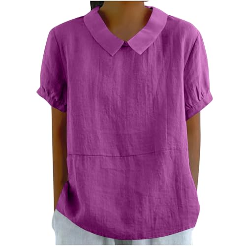 yiouyisheng Boho Bluse Damen, Bluse Damen Kurzarm Leinenhemd Bubikragen Hemdbluse Sommer Hemd Elegant Blusenshirt Peter Pan Kragen Vintage Oberteile Puppenkragen Leinenbluse Sommerbluse Blusen von yiouyisheng