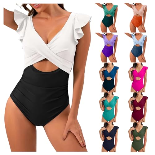 yiouyisheng Damen Badeanzug Rüschen V Ausschnitt Monokini Bauchweg Einteilige Bademode Cut Out Swimsuit Flatterärmel Strandmode mit Cups Monokinis Schwimmanzug Badeanzüge für Damen von yiouyisheng