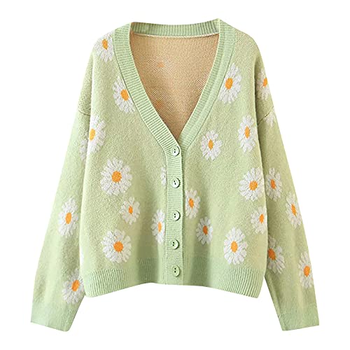 yiouyisheng Damen Bolero Langarm Cardigan mit Knopf Bolerojacke Kurz Strickjacke Damen Female Strickjacke Gänseblümchen Strickpullover mit V-Ausschnitt Knopfleiste Stricke Jacke Blau Grün von yiouyisheng