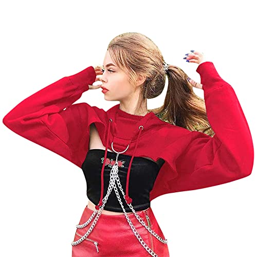 yiouyisheng Damen Crop Hoodie Gothic Punk Kapuzenpullover Teenager Mädchen Sweatshirt mit Metall Kette Damen Crop Top Kurz Shirt Bauchfreie Oberteile Langarm Tops Schwarz Rot von yiouyisheng