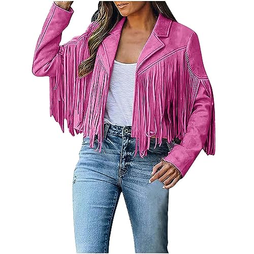 Damen Fransen Jacke Kurz Revers Langarm Cardigan Open Front Faux Wildleder Cowboy Style Quasten Kurzmantel Herbstjacke Übergangsjacke Blau Dunkelblau Rosa Pink von yiouyisheng