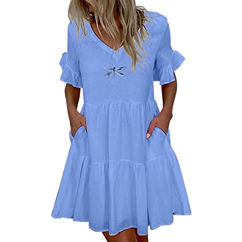 yiouyisheng Damen Gestuftes Kleid Libelle Muster Sommerkleid Kurzarm V-Ausschnitt Freizeitkleid mit Taschen, Tunika Kleid Sommer Casual Kleider Mädchen Strandkleid Minikleid von yiouyisheng