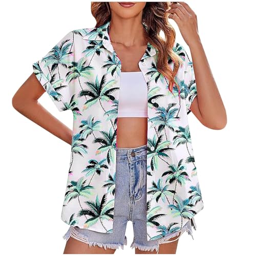 yiouyisheng Damen Hawaii Hemd Kurzarm Hawaiibluse Funky Hawaiihemd Tropic Print Hemdbluse Sommerhemd Kurzarmhemd Strandhemd Freizeithemd Aloha Shirt Party Outfit Hemden Oberteile von yiouyisheng