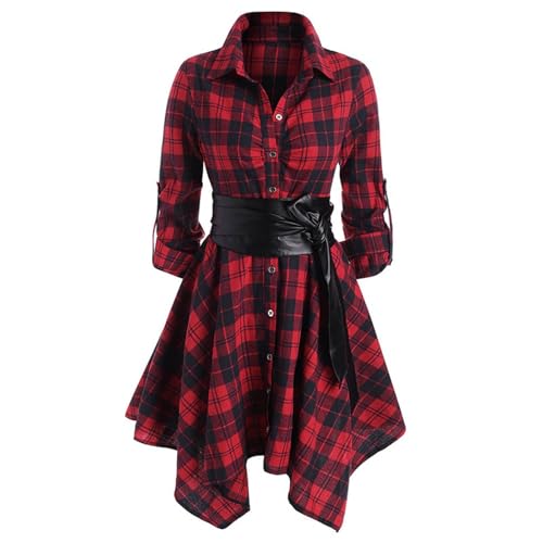 yiouyisheng Damen Hemdkleid Revers Karomuster Langarm Blusenkleider mit Knöpfen, Unregelmäßiges Kleid Shirtkleid Hemd Kariertes Kleid Herbstkleid Hohe Taillengurte Freizeitkleider von yiouyisheng