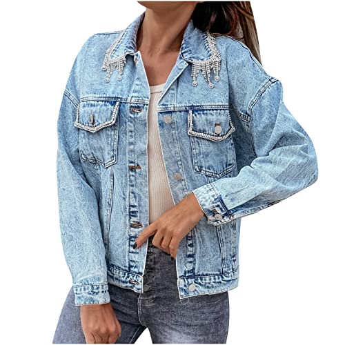 Damen Jeansjacke Revers Strass Fransen Jeans Jacket Lässige Langarm Denim Jacke Vintage Lose Mädchen Jeans Mantel Female Jeansjacke Kurze Blau S-XXL von yiouyisheng