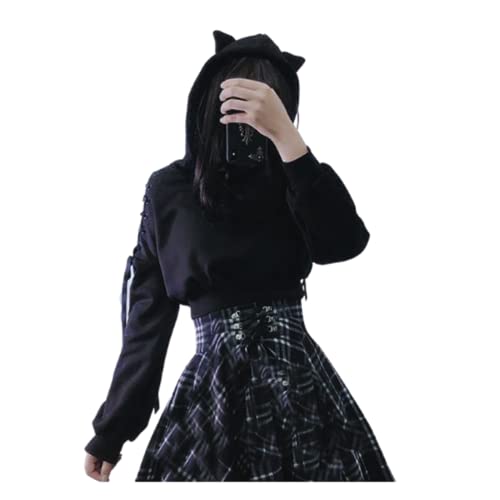 yiouyisheng Damen Kapuzenpullover Cat Ears Hoodie Langarm Sweatshirt Hollow Out Gothic, Aushöhlen Strappy Langarm Pullover Katze Ohr Kapuzenpulli Mädchen Pulli Einfarbig Schwarz Langarmshirt von yiouyisheng