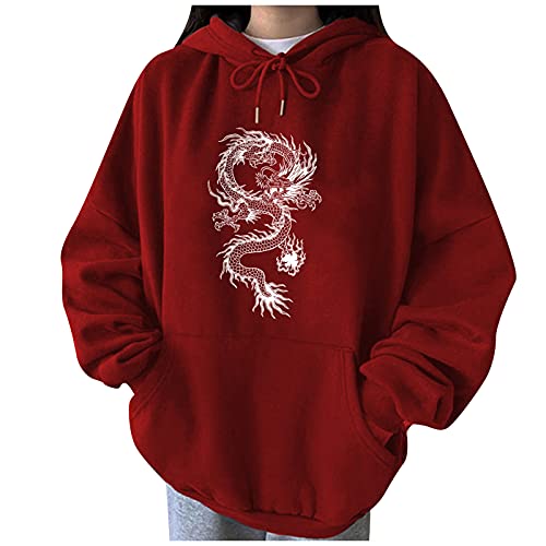 Damen Kapuzenpullover Hoodies Langarm Sweatshirts Drachen Drucken Pullover mit Kapuze Oversize Hoodie Dragon Print Sweatshirt Langarmshirt Oberteile Bluse TopsTeenager Mädchen Streetwear von yiouyisheng