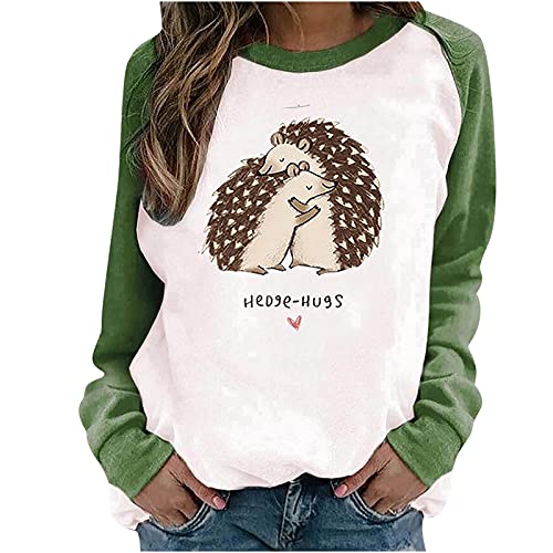 yiouyisheng Damen Langarm Sweatshirt mit süßem Animal Print Umarmung des Igels Drucken Pullover mit Nähten für Herbst und Winter Sportlicher, lässiger Farbblock-Pullover für Mädchen von yiouyisheng