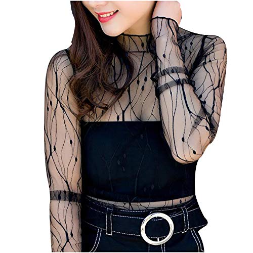 yiouyisheng Damen Mesh Langarmshirt Oberteil Dünnes Netzgarn Damen Transparentes Mesh-Top mit Gänseblümchen-Muster, Teenager Mädchen Lose Shirt Oberteile Durchsichtiges Netz Langarm T-Shirt von yiouyisheng