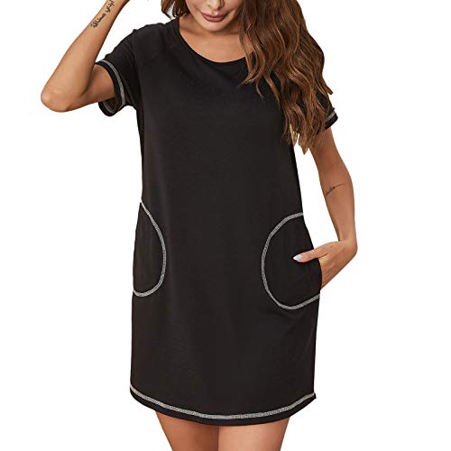 yiouyisheng Damen Nachthemd kurzärmeliger einfarbiger Pyjama mit Taschen, Damen Kurzarm Nachtwäsche Negligees Schlafhemd T-Shirt Sleepshirt Schlafshirt, Schwarz Blau Grau von yiouyisheng