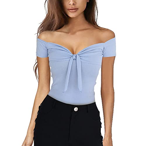 yiouyisheng Damen Off Shoulder Bluse Kurzarm Schleife V-Ausschnitt Top, Mode Frauen Tunika Sexy Einfarbig Bogen Schulterfrei Crop Tops Shirt Sommer Oberteil T-Shirt für Party und Street von yiouyisheng