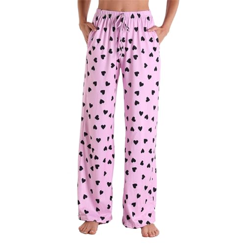 yiouyisheng Damen Schlafanzughose Lang Baumwolle Pyjamahose Herz Print Schlafhose Bein Hose Freizeithose Jogginghose Yogahose Strandhose Haushose Lose Lounge Pants mit Taschen und Kordelzug von yiouyisheng