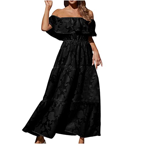 yiouyisheng Damen Sommerkleid Off Shoulder Chiffonkleid Lang Kleider Elegant Strandkleid Schulterfreies Abendkleid Sommer Freizeitkleid Locker Carmen Kleid Urlaubskleid Partykleid von yiouyisheng