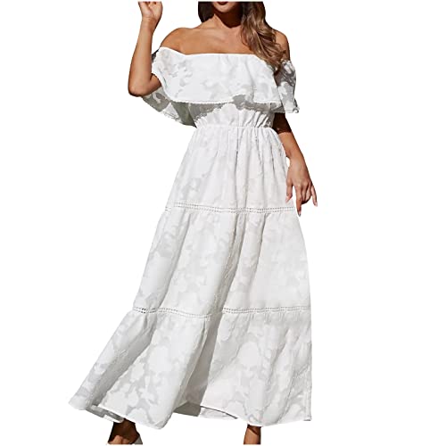 yiouyisheng Damen Sommerkleid Off Shoulder Chiffonkleid Lang Kleider Elegant Strandkleid Schulterfreies Abendkleid Sommer Freizeitkleid Locker Carmen Kleid Urlaubskleid Partykleid von yiouyisheng