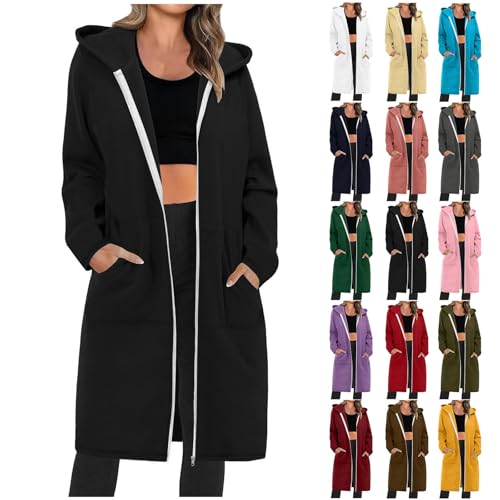 yiouyisheng Damen Sweatjacke Lang Winterjacke mit Kapuze Hoodie Jacke Oversize Reißverschluss Kapuzenjacke Langarm Mantel Longjacke Sweatmantel Kapuzenpullover Übergangsjacke Herbstjacke mit Taschen von yiouyisheng