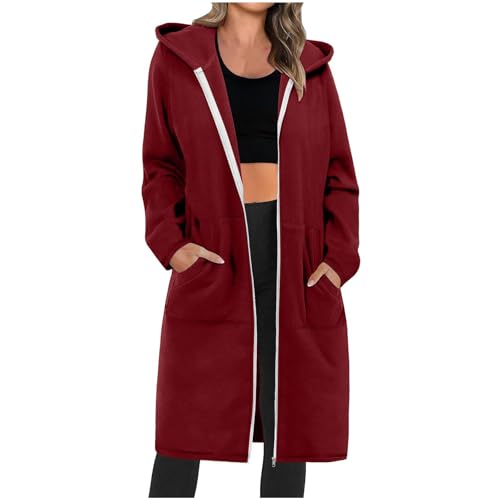 yiouyisheng Damen Sweatjacke Lang Winterjacke mit Kapuze Hoodie Jacke Oversize Reißverschluss Kapuzenjacke Langarm Mantel Longjacke Sweatmantel Kapuzenpullover Übergangsjacke Herbstjacke mit Taschen von yiouyisheng