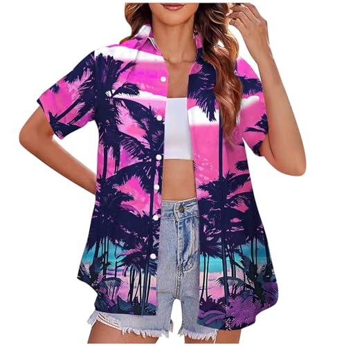 yiouyisheng Hawaii Bluse Damen Kurzarm Hawaiibluse Funky Hawaiihemd Sommer Tropic Print Hemdbluse Party Outfit Hemden Frauen Strandhemd Oberteile Aloha Hawaii Shirt Freizeithemd von yiouyisheng