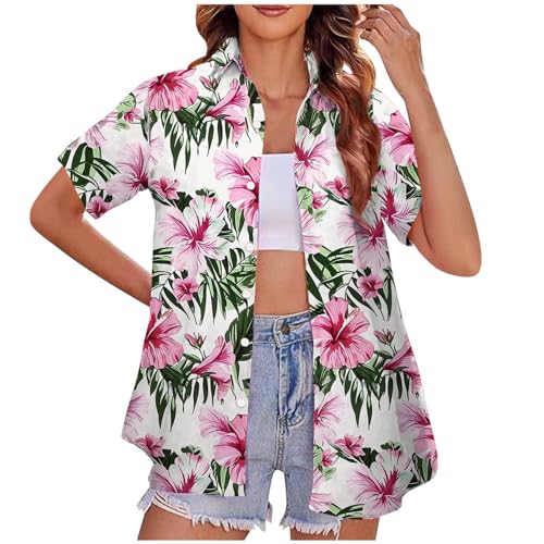 yiouyisheng Hawaii Shirt Damen Sommerhemd Kurzarm Hawaiihemd Button Down Hawaiibluse Funky Hawaii Hemd Kurzarmhemd Party Bluse Strandhemd Freizeithemd Frauen Tropic Print Aloha Hemden von yiouyisheng