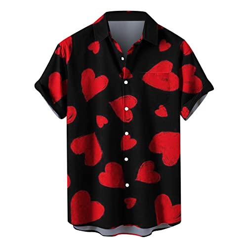 yiouyisheng Hemd Herren Kurzarm Valentinstag Herz Gedruckt Revers Button Down Shirt mit Fronttasche, Herren Hemden Valentine's Day Herrenhemd Kurzarmhemd Hawaiihemd Freizeithemd von yiouyisheng