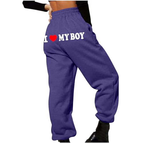 yiouyisheng I Love My Boy Print Sweatpants Damen Jogginghose High Waist Sporthose Herbst Winter Laufhose Mädchen Trainingshose Streetwear Sweathose mit Taschen von yiouyisheng