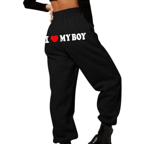 yiouyisheng I Love My Boy Print Sweatpants Damen Jogginghose High Waist Sporthose Herbst Winter Laufhose Mädchen Trainingshose Streetwear Sweathose mit Taschen von yiouyisheng