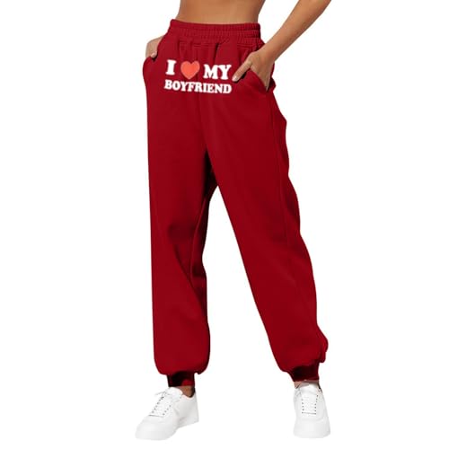 yiouyisheng I Love My Boyfriend Print Sweatpants Damen Jogginghose High Waist Sporthose Herbst Winter Laufhose Mädchen Trainingshose Streetwear Sweathose mit Taschen von yiouyisheng