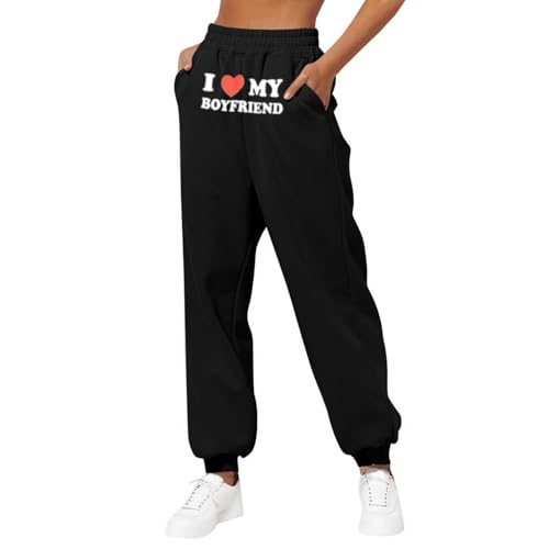 yiouyisheng I Love My Boyfriend Print Sweatpants Damen Jogginghose High Waist Sporthose Herbst Winter Laufhose Mädchen Trainingshose Streetwear Sweathose mit Taschen von yiouyisheng