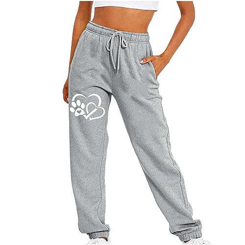 yiouyisheng Jogginghose Damen Herz und Hund Pfote Print Sweatpants Lose Freizeithose mit Kordelzug und Taschen, Hosen Damen Fitness Sport Relaxed Elastic Waist Hose von yiouyisheng