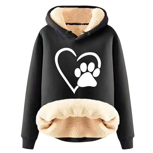 yiouyisheng Kapuzenpullover Gefüttert Damen Warm Fleece Hoodie Herzschlag-Hundepfoten-Muster Sweatshirt Mit Kapuze Winter Plüschpullover Casual Lose Fleecepullover Sweatshirts für Frauen und Mädchen von yiouyisheng