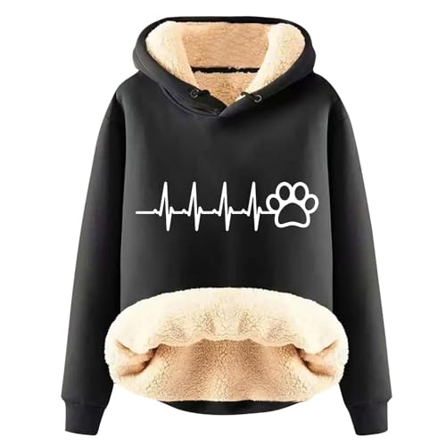 yiouyisheng Kapuzenpullover Gefüttert Damen Warm Fleece Hoodie Herzschlag-Hundepfoten-Muster Sweatshirt Mit Kapuze Winter Plüschpullover Casual Lose Fleecepullover Sweatshirts für Frauen und Mädchen von yiouyisheng