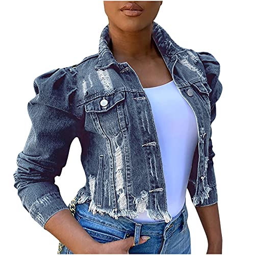 yiouyisheng Kurze Jeansjacke für Damen Zerrissene Jeans Jacket Kurz Denim Jacke Slim Fit Übergangsjacke Frauen Jeansjacke mit Puffärmeln Streetwear Schwarz Dunkelblau Blau von yiouyisheng