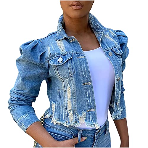 yiouyisheng Kurze Jeansjacke für Damen Zerrissene Jeans Jacket Kurz Denim Jacke Slim Fit Übergangsjacke Frauen Jeansjacke mit Puffärmeln Streetwear Schwarz Dunkelblau Blau von yiouyisheng