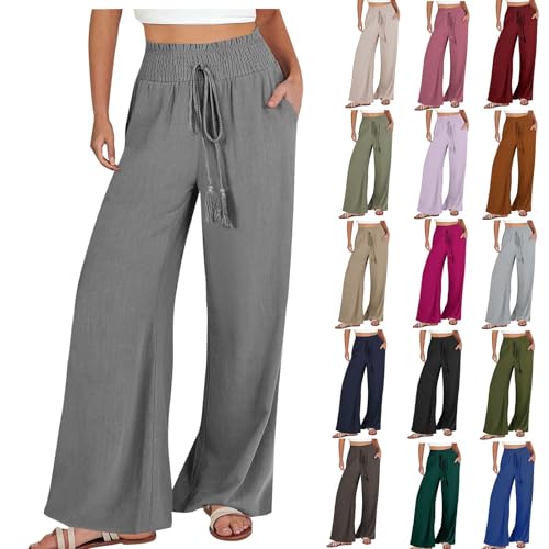 yiouyisheng Leinenhose Damen Sommer Lang Leinen Hose Weites Bein Sommerhose Leicht Freizeithose Bequeme Stoffhose Yogahose Casual Einfarbig Hippie High Waist Strandhose mit Kordelzug und Taschen von yiouyisheng