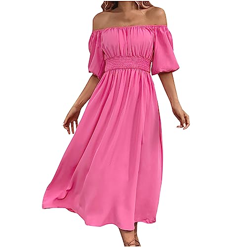 yiouyisheng Off Shoulder Kleid Damen Sommerkleid Lang Gesmokter Taille Kleider High Waist Midikleid, Strandkleid Damen Schulterfreies Kleid Sommer Freizeitkleid Carmen Kleid Urlaubskleid von yiouyisheng