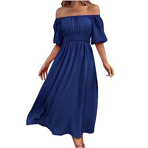 yiouyisheng Off Shoulder Kleid Damen Sommerkleid Lang Gesmokter Taille Kleider High Waist Midikleid, Strandkleid Damen Schulterfreies Kleid Sommer Freizeitkleid Carmen Kleid Urlaubskleid von yiouyisheng