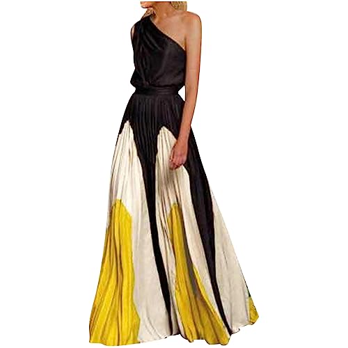 yiouyisheng One Shoulder Kleid Damen Lang Colourblocking Sommerkleid Ärmellos Abendkleid Strandkleid Faltenrock Maxikleid Frauen Hochzeitskleid Elegant Festlich Party von yiouyisheng