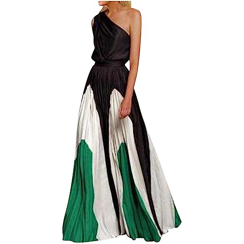 yiouyisheng One Shoulder Kleid Damen Lang Colourblocking Sommerkleid Ärmellos Abendkleid Strandkleid Faltenrock Maxikleid Frauen Hochzeitskleid Elegant Festlich Party von yiouyisheng