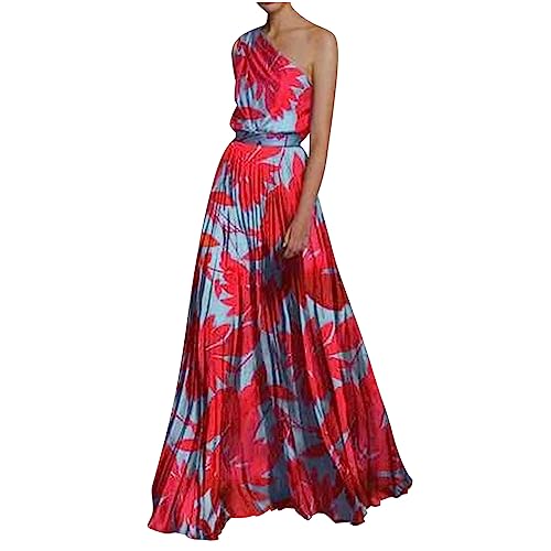 yiouyisheng One Shoulder Kleid Lang Abendkleid Damen Blumenmuster Sommerkleid Ärmellos Strandkleid Faltenrock Maxikleid Frauen Hochzeitskleid Elegant Festlich Party von yiouyisheng