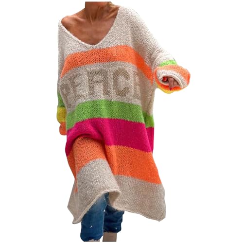 yiouyisheng Oversize Pullover Damen Strick Lang Strickpullover Regenbogen Streifen Longpullover Langarm V-Ausschnitt Damenpullover Lose Winterpullover Knitted Sweater von yiouyisheng